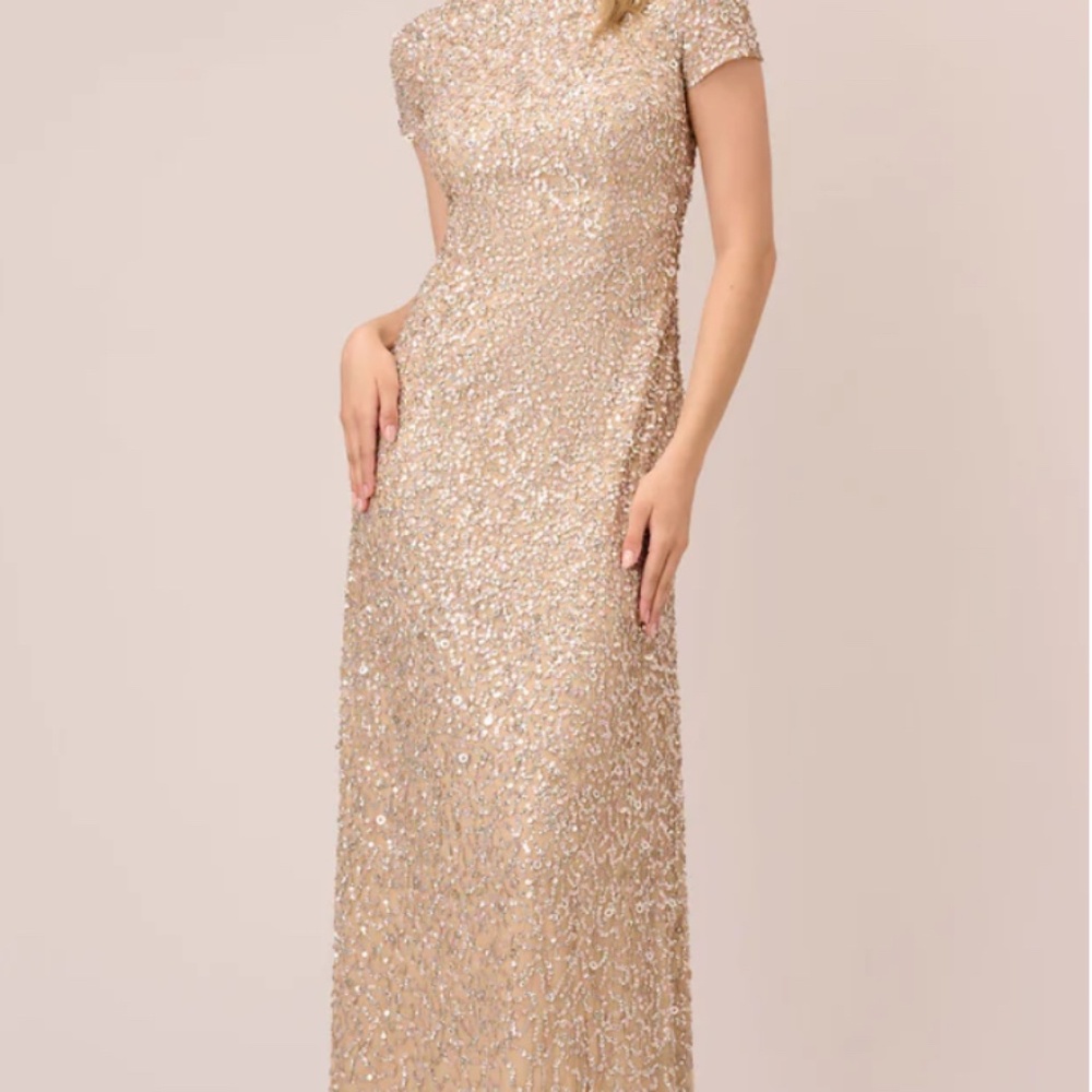 Adrianna Papell Sequin Cap Sleeve Scoop Neck Gown